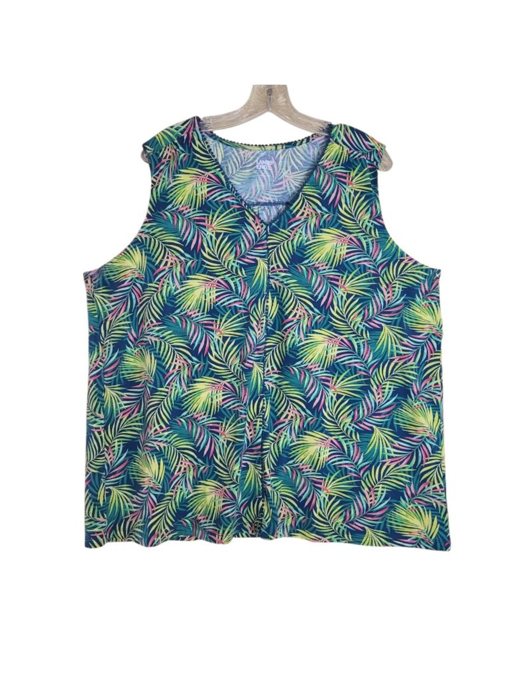 Lands' End Tank Top Size 2X Green Tropical Palm Frond Print V-Neck